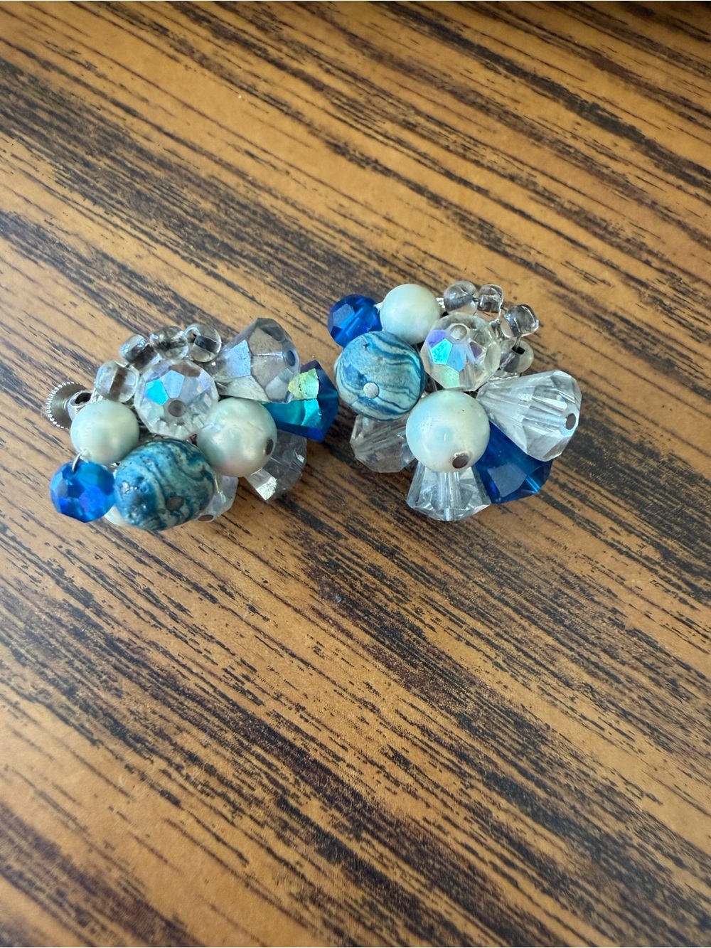 Vintage Vendome Blue Crystal Bead Cluster Clip On Earrings Signed Mid Century